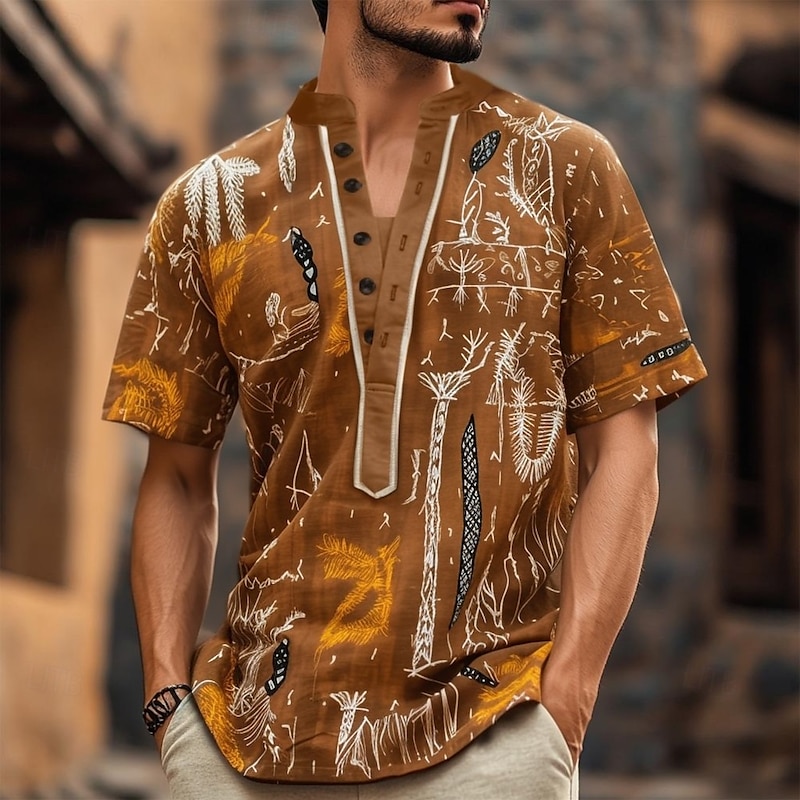 Men's Geometric Ethnic T Shirt Henley Shirt Tee Short Sleeve Designer Basic Bohemian Outdoor Casual Daily Summer Olive Brown Dark Brown Brown Khaki Henley Henley T-Shirt3