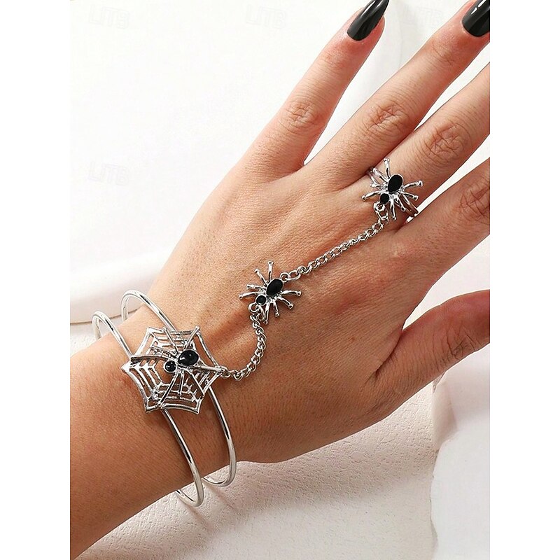 Women's Halloween Spider Web Bracelet Ring Set – Gothic Alloy Hand Chain Jewelry with Adjustable Fit, Party and Cosplay Accessories