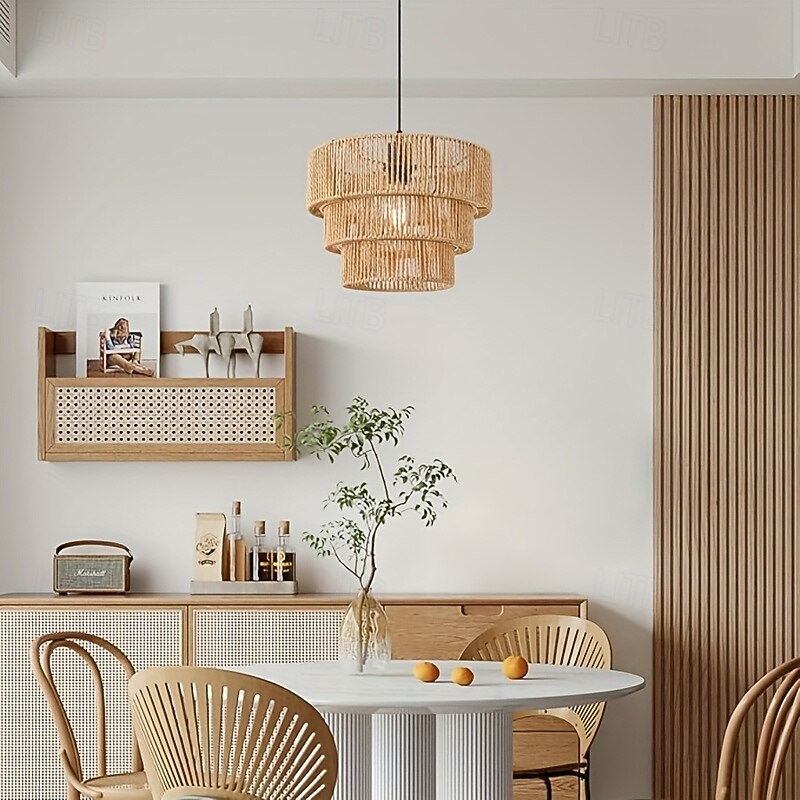 Country Vintage 3-Tier Jute Rope Pendant Light, Hand-Woven Organic Design, Warm White/White Light, E26/E27, Adjustable Chain3