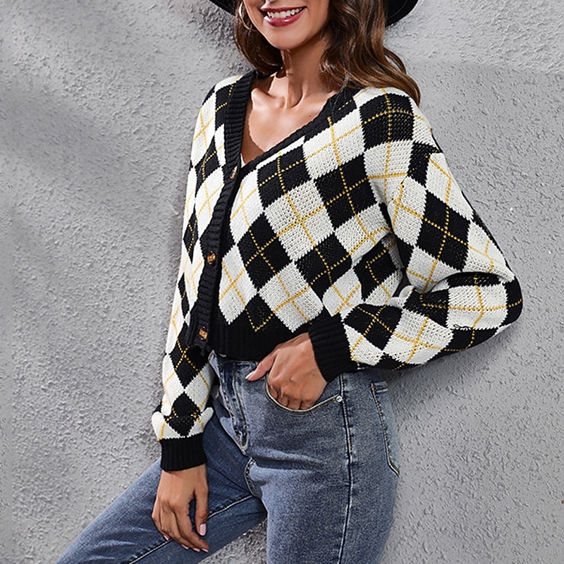 Women's Pullover Casual Argyle Chunky V Neck Knitted Long Sleeve Crop Tops Knit Daily Holiday Going out Black Fall Winter