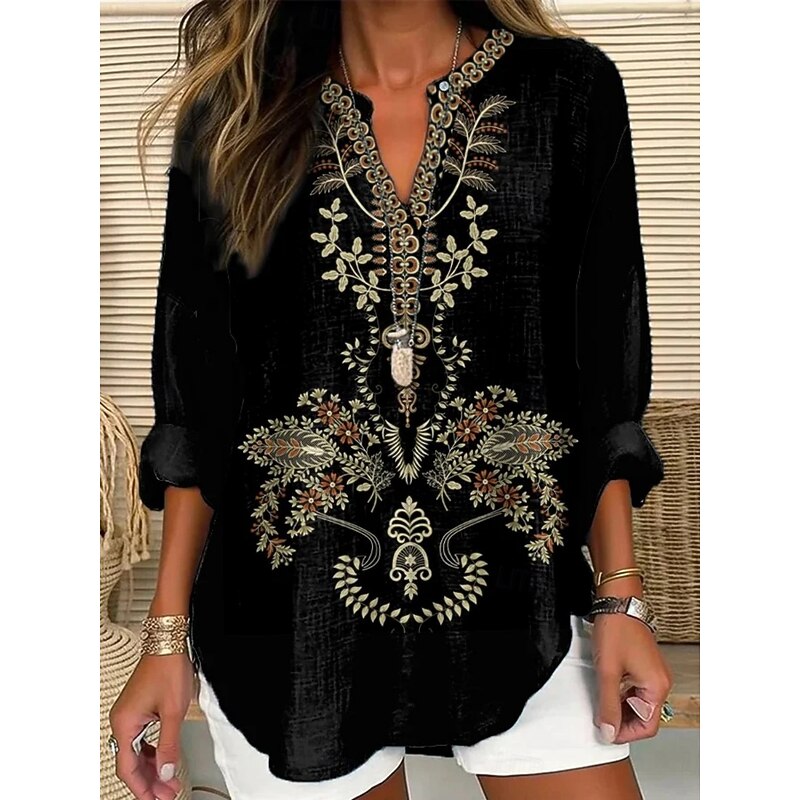 Women's Shirt Floral Daily Casual Long Sleeve V Neck Regular Tops Daily Holiday Buttons Print Black Spring Fall