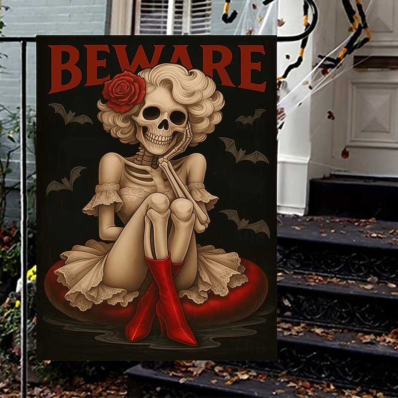 Halloween Garden Flag Banner – "Beware" Skeleton Sitting on Scarecrow Stool, Double-Sided Weather-Resistant Yard Flag for 2025 Halloween Holiday Outdoor Lawn, Porch Decoration2