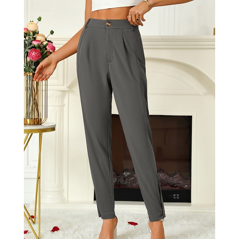 Women's Dress Pants Fashion Streetwear Full Length Natural Plain Pocket Elastic Waist Comfortable Formal Outdoor Grey Black Khaki Fall Regular Fit