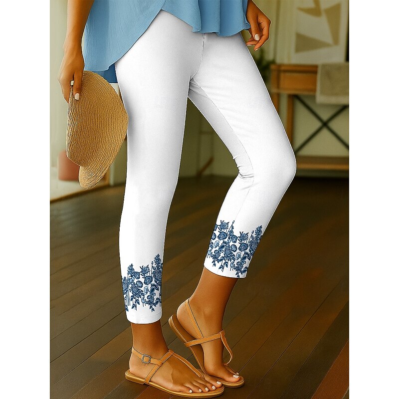 Women's Leggings Vacation Vintage Ethnic Style Ankle-Length High Waist Floral Graphic 3D Print Quick Dry Breathability Soft Stretchy Outdoor Home Causal Black White Blue Spring Fall Slim Fit3