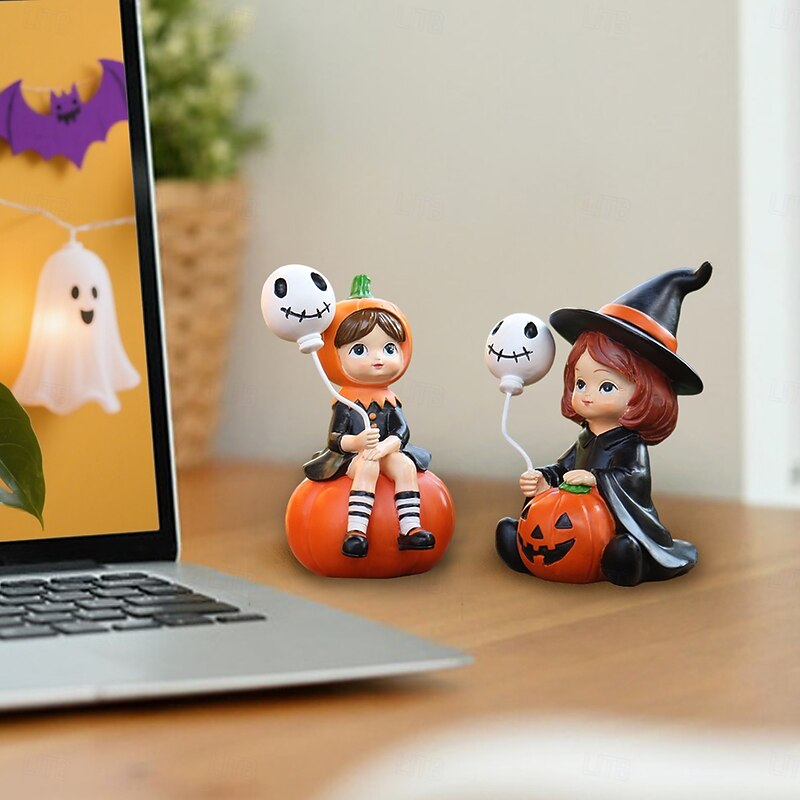 2PCS Halloween Resin Skeleton with Balloon and Witch Figurines Set, Outdoor Yard Planter Decor, Spooky Halloween Desktop and Home Decorations2
