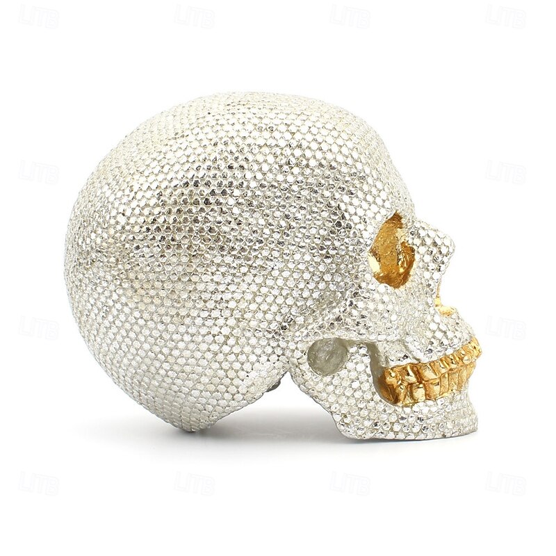 Halloween Resin Figurine Silver Sequin Mini Skull Decor Creative Home Tabletop Ornament Spooky Halloween Resin Craft Decorative Accessory for Party Bar Shelf Display3