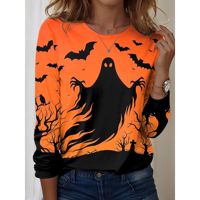 Halloween Women's T shirt Witch Long Sleeve Crew Neck Long Sleeve Tunic Graphic Abstract Vintage Stylish Classic Regular Tops Daily Weekend Print Black Yellow Orange Fall Prefall