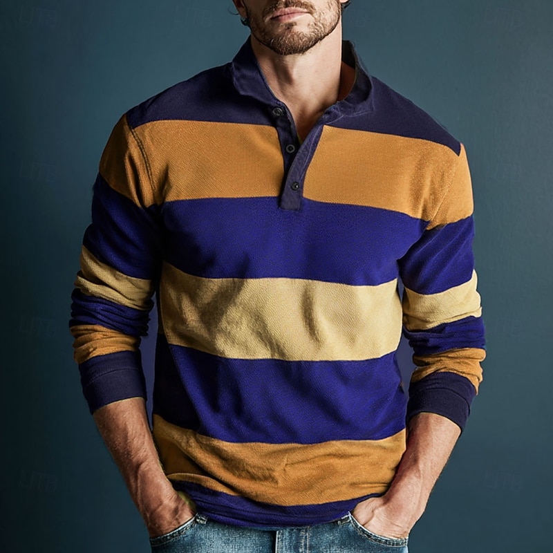 Men's Horizontal Stripes Rugby Polo Long Sleeve Polo Shirts Collared Shirts Sportswear Casual School Outdoor Athleisure 3D Print Spring Fall Winter Maroon Blue Brown2