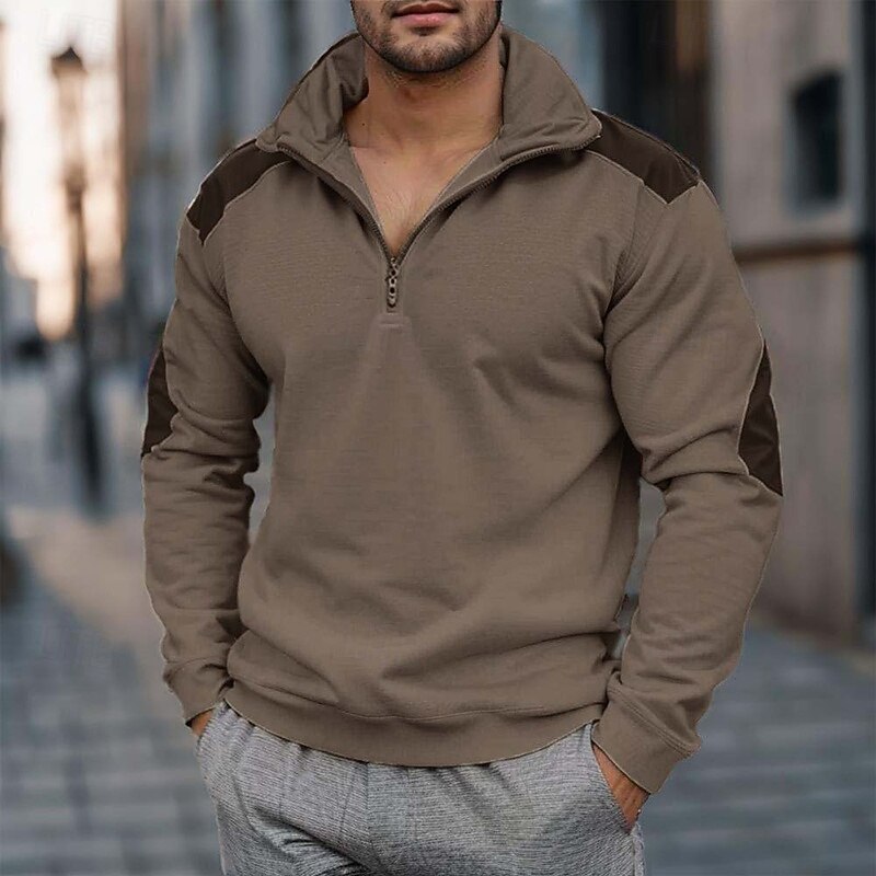 Men's Zip Sweatshirt Tactical Reddish brown Army Green Beige Standing Collar Plain Zip Up Color Block Quarter Zip Sports & Outdoor Casual Daily Streetwear Cool Sportswear Fall & Winter Clothing2