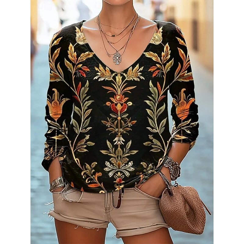 Women's Blouse Floral Daily Stylish Long Sleeve V Neck Regular Tops Daily Holiday Print Black Pink Wine Red Blue Summer Spring Fall3