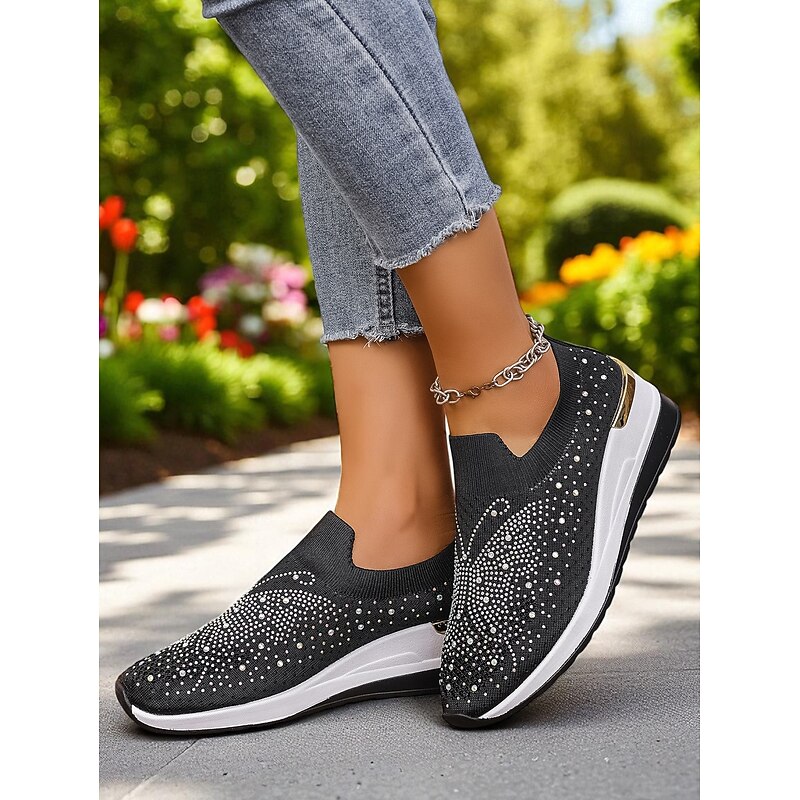 Women's Rhinestone Flyknit Slip-On Sneakers – Sparkling Wedge Shoes for Festivals, Travel and Daily Fashion3