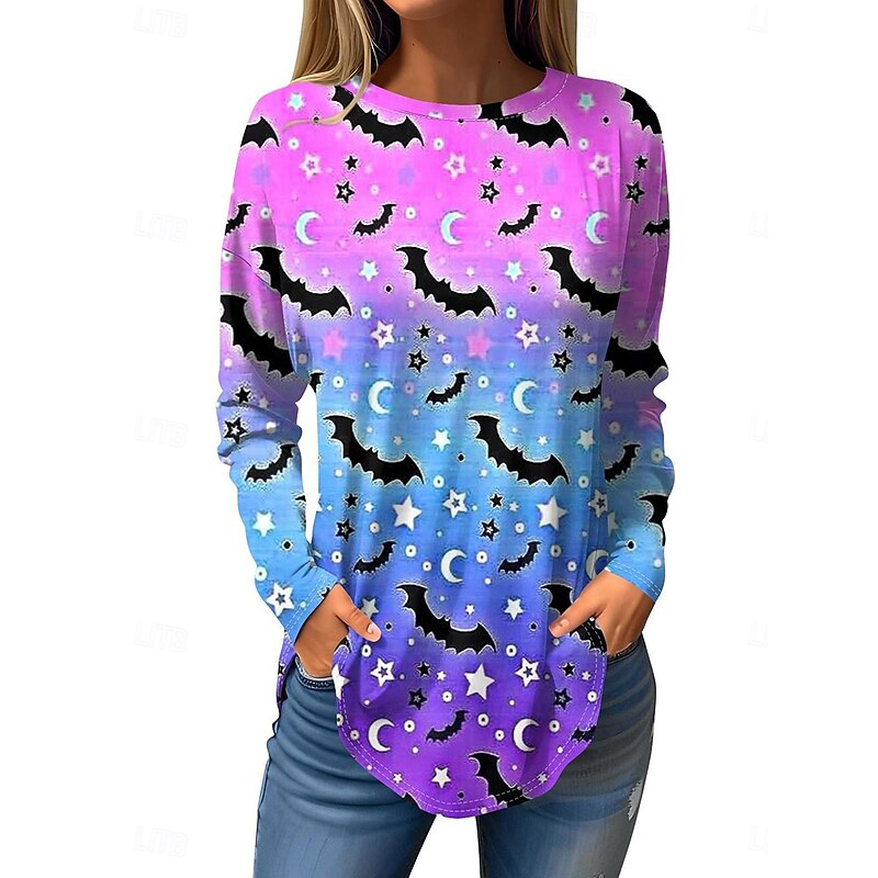 Halloween Women's T shirt Bat Graphic Vintage Fashion Stylish Long Sleeve Crew Neck Regular Tops Weekend Print Blue Purple Orange Fall3