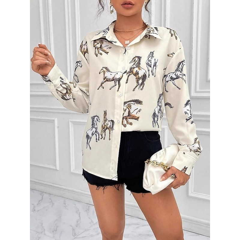 Women's Shirt Animal Stylish Modern Long Sleeve Shirt Collar Regular Tops Daily Holiday Buttons Print White Summer