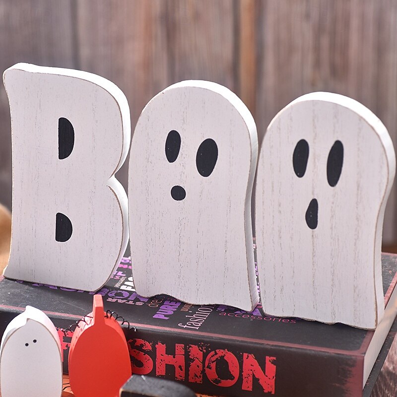Halloween BOO Ghost Wooden Tiered Tray Decor, Spooky Halloween Tabletop Sign Ornaments, Rustic Ghost Festival Decoration for Home Kitchen Party Display3