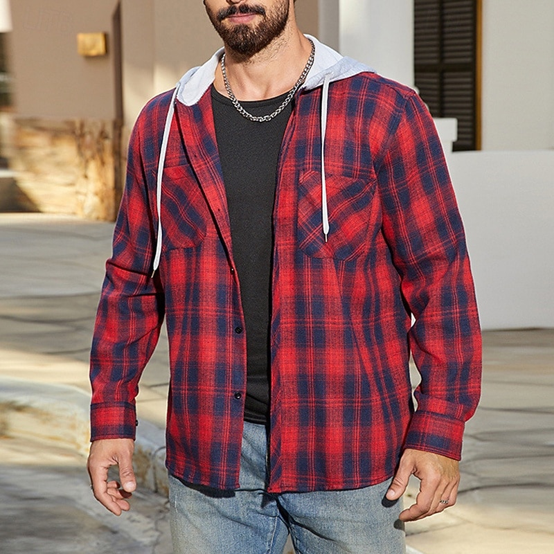 Men's Lightweight Jacket Shirt Jacket Casual Jacket Shacket Vacation Daily Breathable Pocket Spring Fall Plaid Fashion Classic Hooded Regular Red Blue Jacket