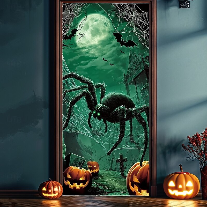 Halloween Door Cover – Giant Green Spider in Haunted Forest, Creepy Entrance Banner, Outdoor & Indoor Decoration for 2025 Halloween Bedroom, Living Room, Bathroom
