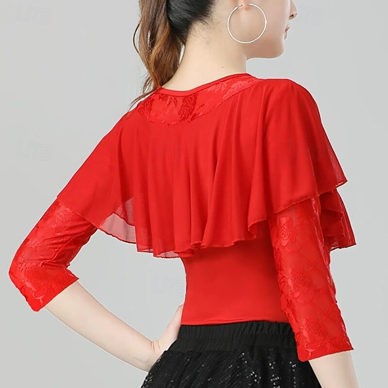 Latin Dance Top Lace Pure Color Splicing Women's Performance Training 3/4 Length Sleeve High Polyester2