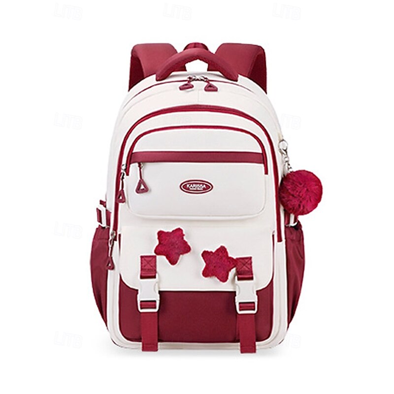 Girls' Red and White School Backpack – Cute Large Capacity Bookbag with Star Patches and Pom-Pom Charm for Teens2