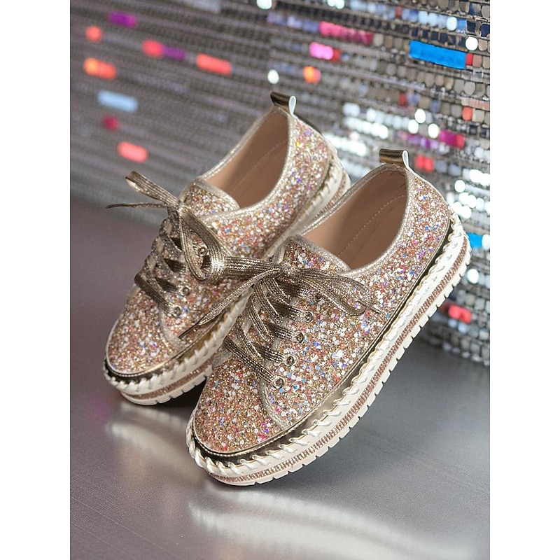 Women's Glitter Lace-Up Platform Sneakers - Sparkly Sequin Casual Shoes for Nightlife, Parties and Club Outfits