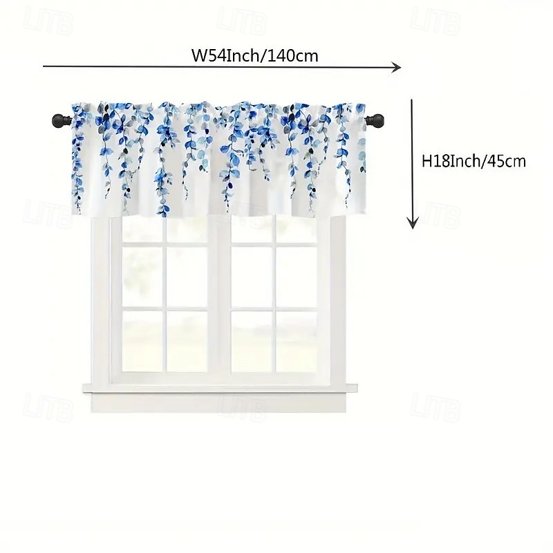 Fashionable Blue Floral And Leaf Printed Kitchen Short Curtains Pole Mouth Design For Kitchen Bathroom And Living Room - Machine Washable Polyester Fiber Home Decoration 54x18 Inches3