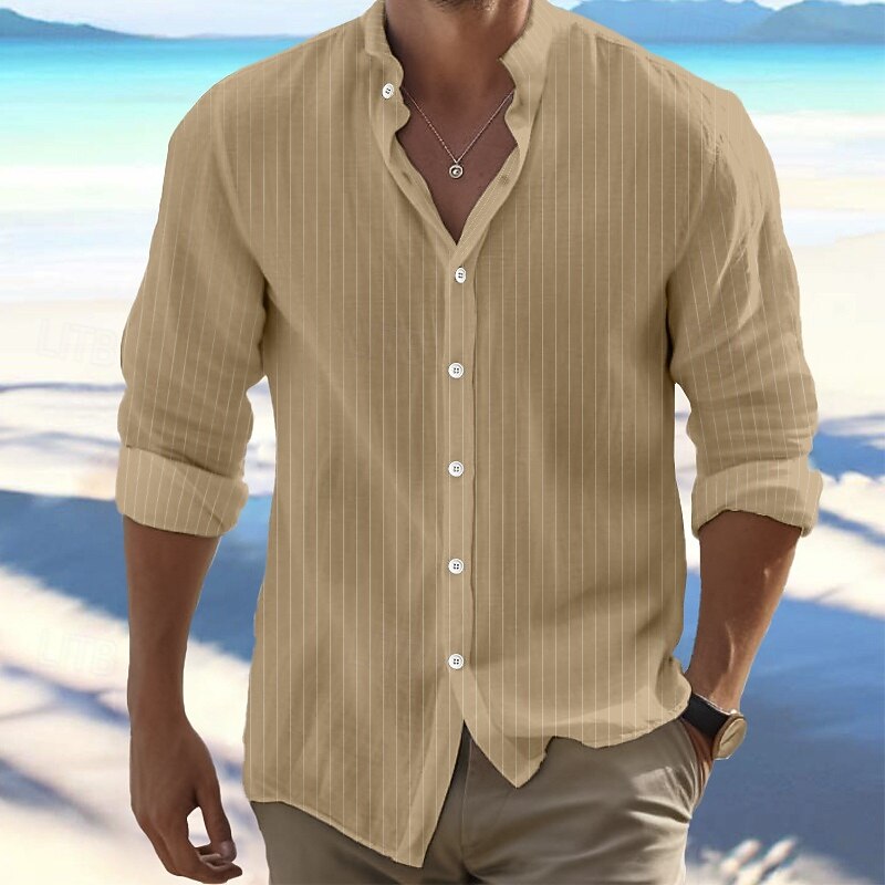 Men's Shirt Linen Shirt Band Collar Shirt Summer Shirt Beach Wear Button Up Shirt Stripe Vacation Holiday Black White Blue Khaki Long Sleeve Band Collar Summer Spring Clothing Apparel4