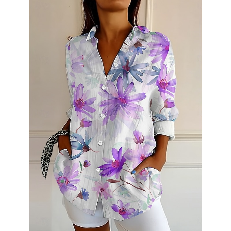 Women's Shirt Button Down Tunic Shirt Collar Long Sleeve Floral Graphic Elegant Vintage Tropical Regular Tops Work Daily s Print Yellow Pink Blue Purple Green Spring4