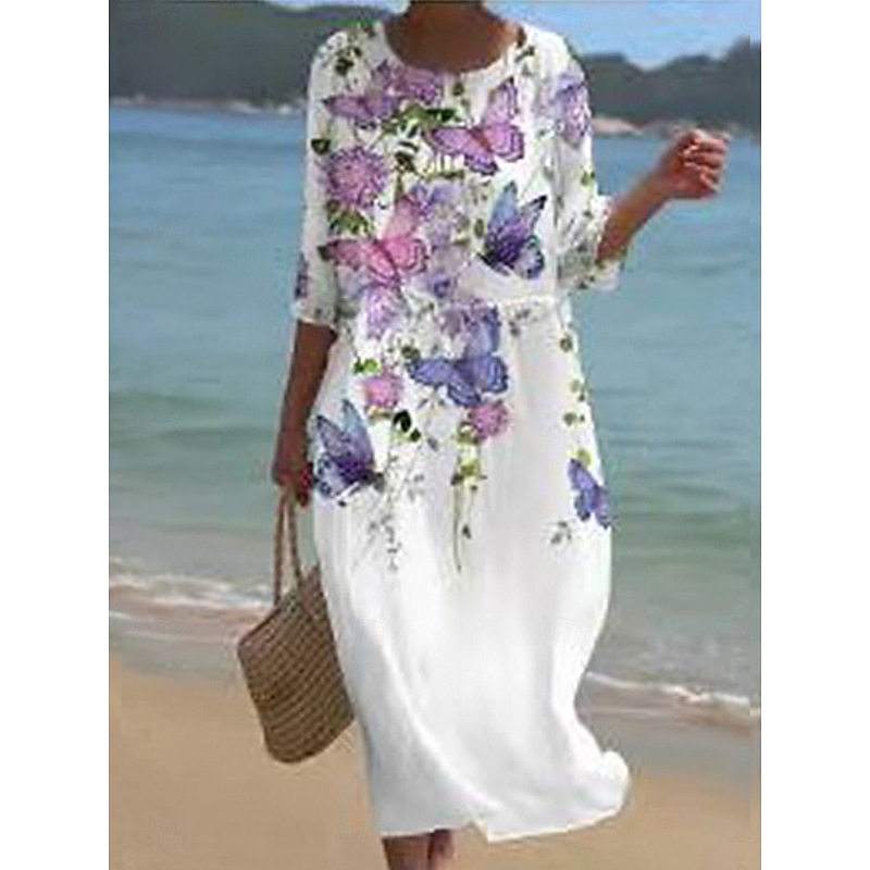 Women's Midi Dress Casual Dress Print Dress Fashion Modern Daily Beach Weekend Regular Fit Floral 3/4 Length Sleeve Crew Neck White Pink Light Purple Purple Spring Fall Autumn3