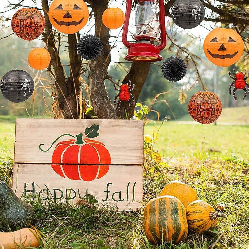 12Pcs Halloween Hanging Decorations Paper Lanterns Jack-O'-Lantern Spider Skeleton Pumpkin for Indoor & Outdoor Spooky Home Decor Party Supplies Props 12 & 8 (Orange Black)3