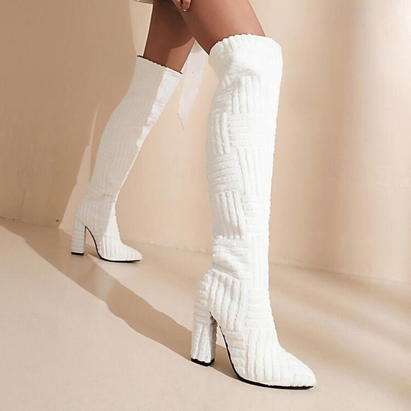 Women's White Suede Over-the-Knee High Heel Boots – Chunky Heel Thigh High Winter Boots for Party, Night Out, and Trendy Street Style2