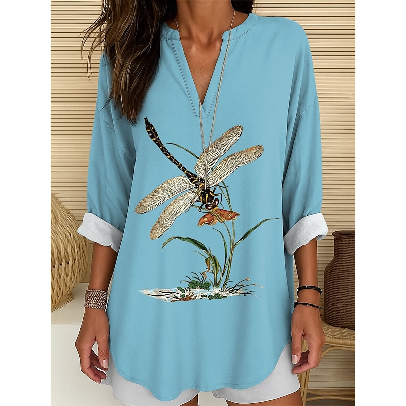 Women's Blouse Tunic V Neck Long Sleeve Boho Casual Tops Graphic Animal Dragonfly Vintage Tropical Long Tops Daily Wear Print White Blue Purple Green