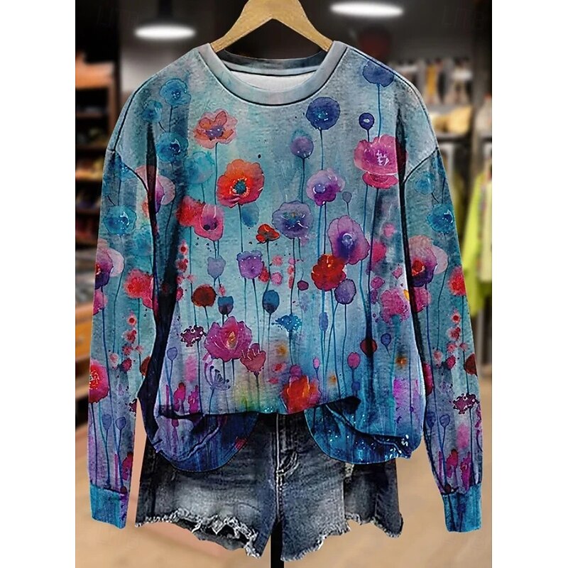 Halloween Women's Pullover Sweatshirt LOVE Floral Graphic Warm Active Vintage Long Sleeve Crew Neck Round Neck Regular Tops Street Dailywear Casual Print Pink Blue Green Spring Fall Winter2