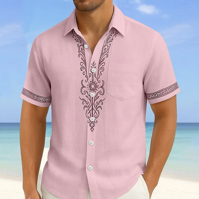 Men's Floral Print Ethnic Flowers Shirt Summer Shirt Button Up Shirt Short Sleeve Vintage Retro Vacation Holiday Streetwear Summer Turndown 3D Print Front One Pocket Linen Like Shirt Pink Blue Green3