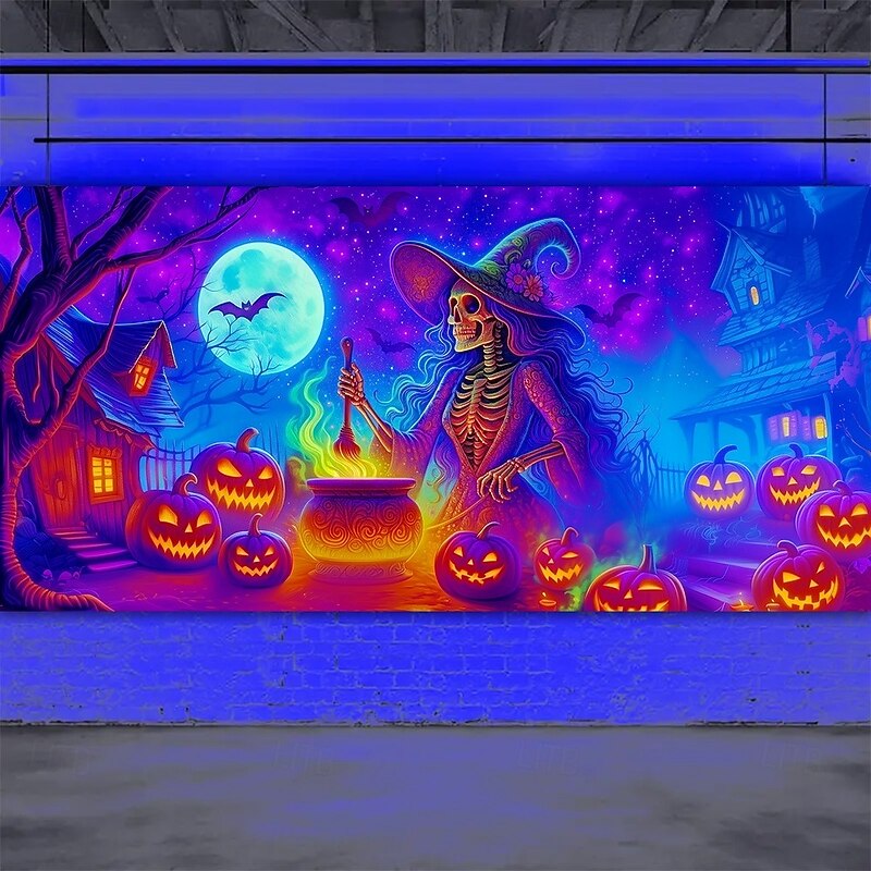 Halloween Garage Door Cover Neon Dancing Skeletons with Pumpkins Banner, Glowing Blacklight Backdrop Decoration for Holiday Outdoor Garage Door and Home Wall, 2025 Halloween Decorations
