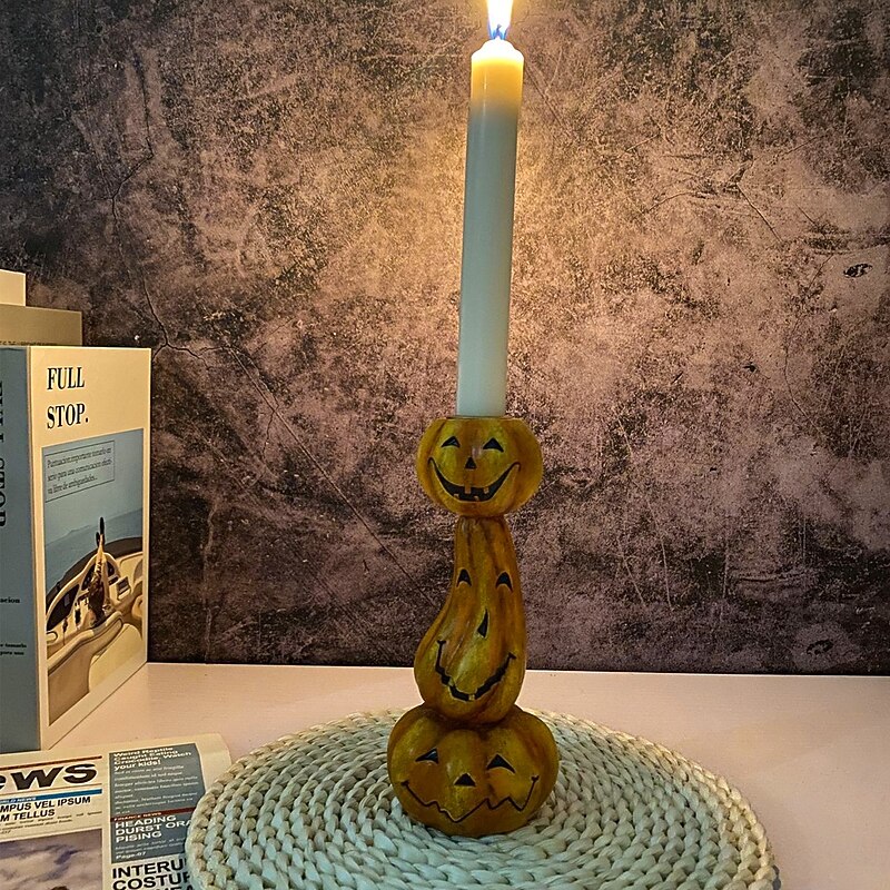 Halloween Stacked Pumpkin Candle Holder, Resin Sculpture Home Decor, Vintage-Inspired Halloween Tabletop Decoration for Party, Desktop, or Mantel, Candle Not Included3