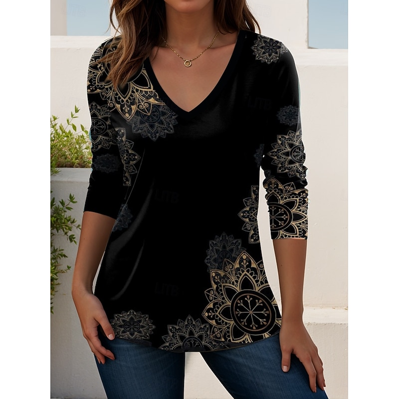Women's T shirt Long Sleeve V Neck Long Sleeve Tunic Graphic Plants Mandala Elegant Bohemia Vintage Regular Tops Daily Going out Weekend Print Black Spring Fall Winter Prefall