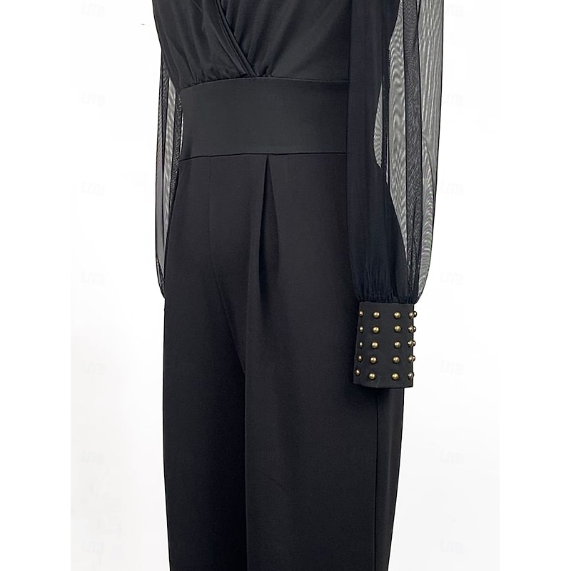 Women's Jumpsuit Elegant Solid Color Long Sleeve Lantern Sleeve Wide Leg V Neck Rivet Patchwork School Vacation Regular Fit Black All Seasons4