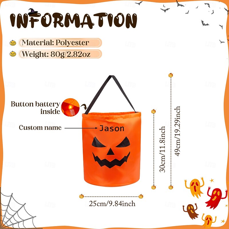 Personalized Halloween LED Light Pumpkin Bucket Custom Name Trick-or-Treat Candy Bag, Custom Name Lantern Gift Bag for Kids, Party Favors4