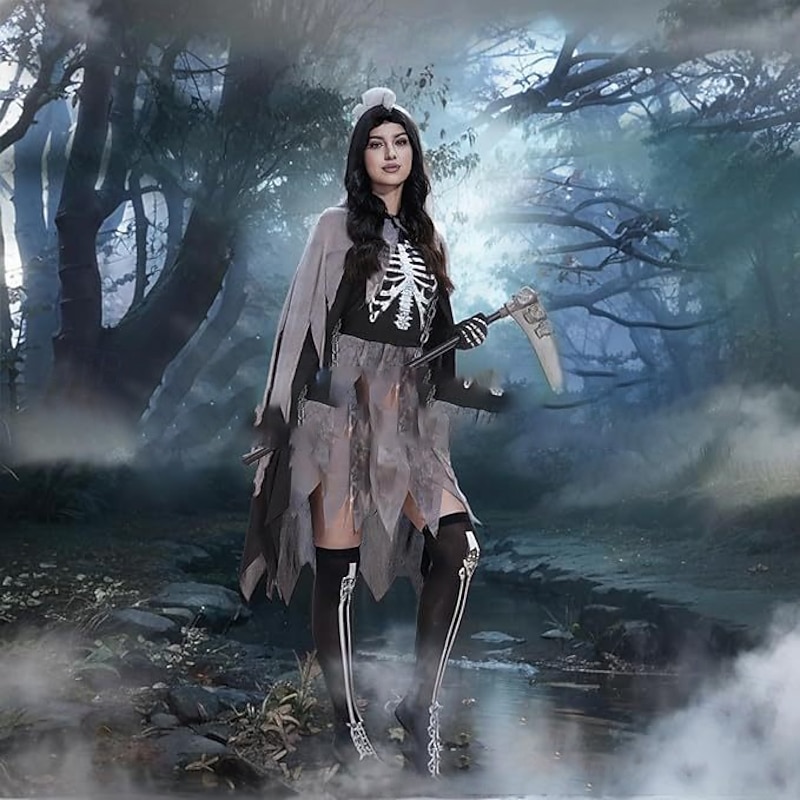 Skeleton Skull Grim Reaper Halloween Dress Outfits Costume Horror Scary Costume Adults' Women's Halloween Carnival Performance Party Easy Halloween Costumes Dress Up
