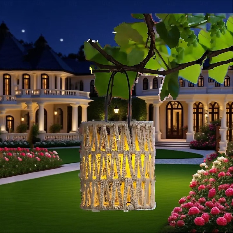 Outdoor Solar Lanterns Courtyard Hand-Held Rattan Woven Lamp Camping Lamp Garden Villa Outdoor Solar Handmade Woven Hanging Lamp  1PC2