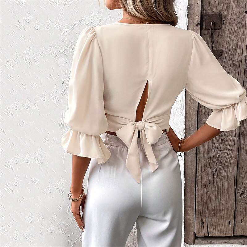 Women's Summer Tops Wrap Crop Top Plain Daily Stylish Basic Long Sleeve Lantern Sleeve V Neck Crop Tops Work Daily Holiday Tunic Black Apricot Spring Fall2