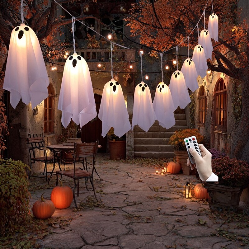 1 Pc Halloween 2.5M 10 luminous hanging ghost ghost light string AAA waterproof battery box 8 function remote control indoor and outdoor courtyard party Halloween atmosphere decoration light