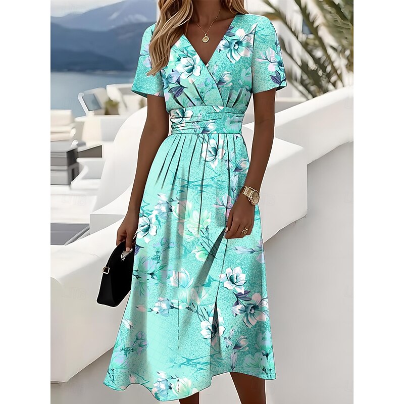 Women's Elegant Midi Dress A Line Dress Wrap Dress V Neck Short Sleeve Going out Regular Fit Floral Graphic Pink Blue Purple Green4