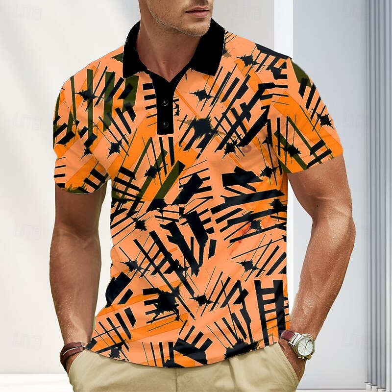 Men's Abstract Geometic Polo Short Sleeve Polo Shirts Lapel Casual Athleisure 3D Print Buttons Summer Yellow Blue Purple3