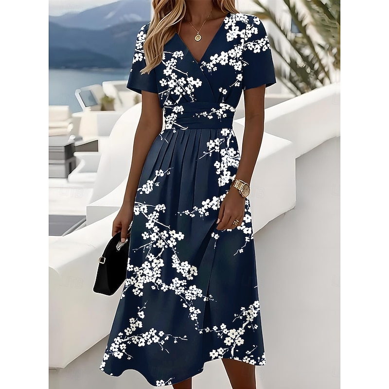 Women's Elegant Midi Dress A Line Dress Wrap Dress V Neck Short Sleeve Regular Fit Floral Graphic Blue Green Dark Blue