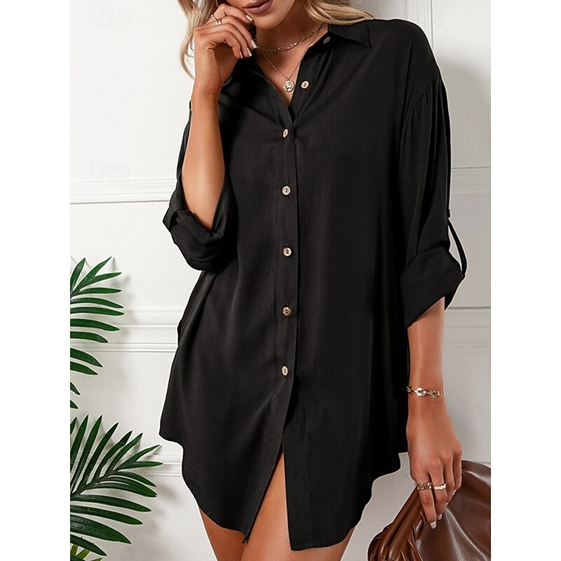 Women's Shirt Texture Blouse Plain Daily Stylish Basic Long Sleeve Shirt Collar Regular Tops Work Daily Holiday Buttons Black White Wine Spring Fall