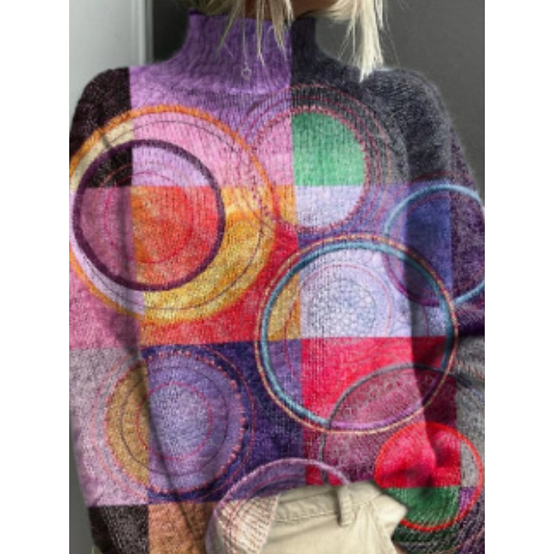 Women's Sweater Casual Soft Geometric Ribbed Turtleneck Knitted Print Long Sleeve Regular Tops Knit Outdoor Daily Weekend Yellow Blue Fall Winter2