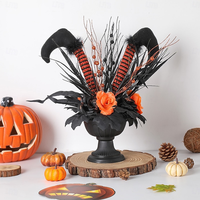 Halloween Long Leg Witch Planter Decoration, Spooky Tabletop Prop for Haunted House, Window Display, Scary Atmosphere Scene Decor