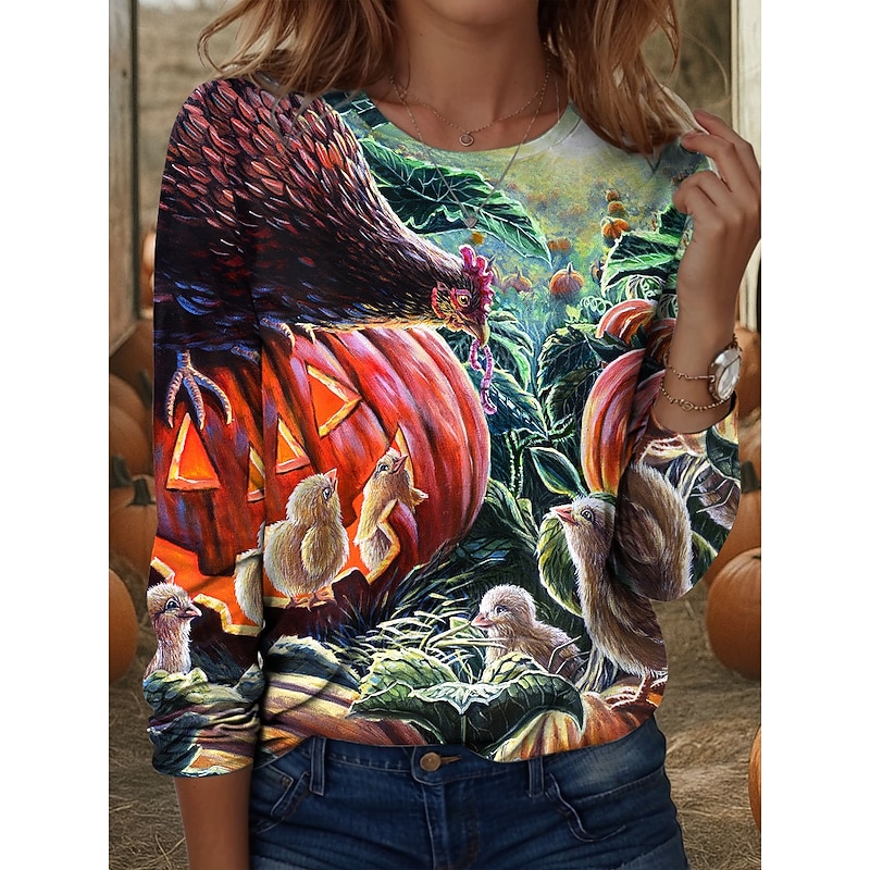Dakota Daetwiler Halloween Women's T shirt Pumpkin Crew Neck Long Sleeve Tunic Graphic Animal  Casual  Regular Tops Daily Weekend Print Green Fall