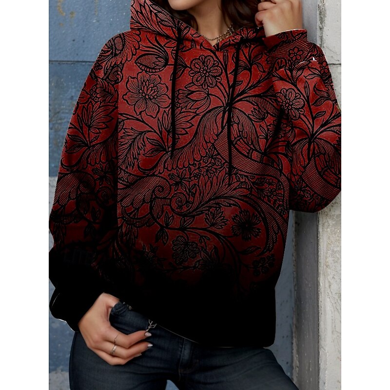 Women's Hoodie Pullover Sweatshirt Oversized Long Sleeve Casual Graphic Floral Paisley Warm Active Hooded Regular Tops Street Dailywear Print Red Purple Green Spring Fall Winter2