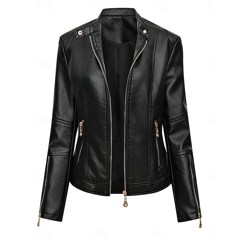 Women's Faux Leather Jacket Casual Jacket Comfortable Breathable Zipper Pocket Fashion Casual Plain Vacation Street Casual Daily Wear Zipper Short Turndown Slim Long Sleeve Outerwear Black Red Green
